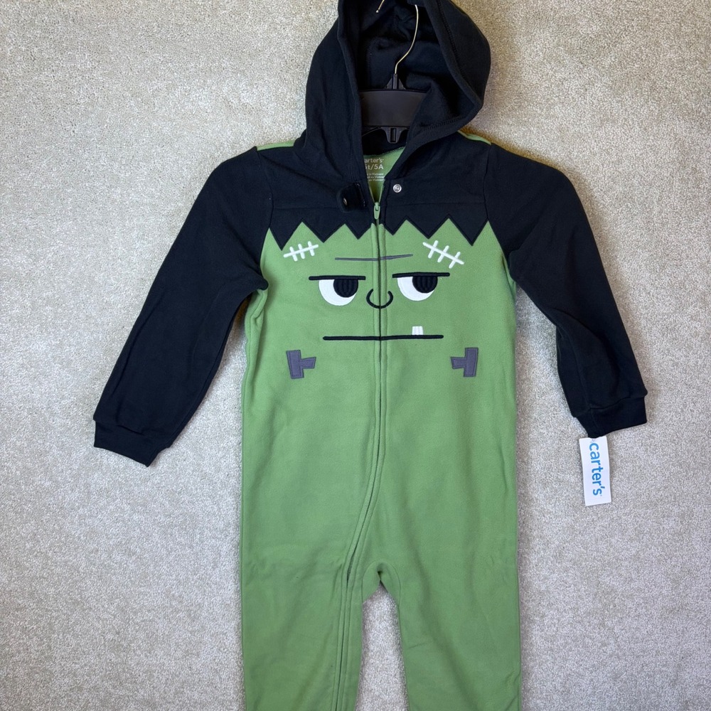 Carter's Frankenstein One Piece Pajamas Toddler 5T Green Black Hooded Fleece NEW